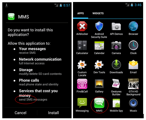 Install page for MMS application containing HXXP malware, and MMS icon as it appears on Smartphone