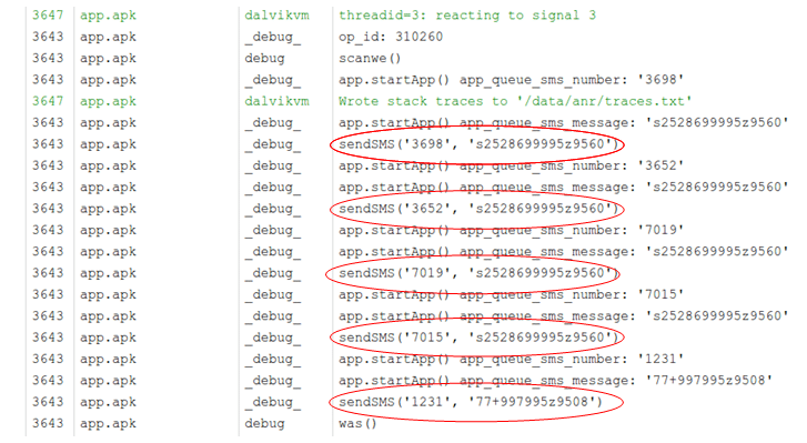 debug log showing SMS messages sent from user's infected phone containing HXXP malware