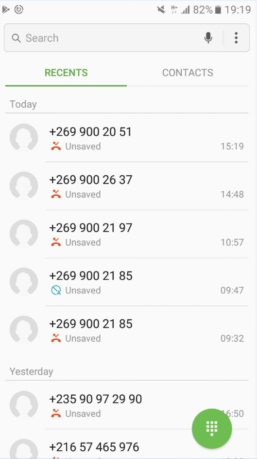 Missed call log linked to Wangiri spammers