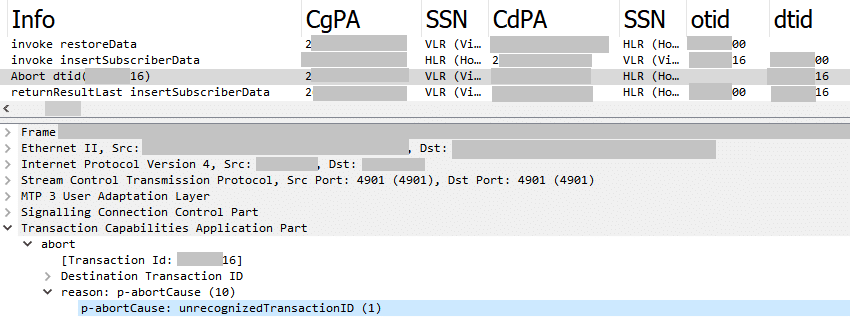 Wireshark sequence of the RestoreData/InsertSubscriberData Attack, with two responses to one request