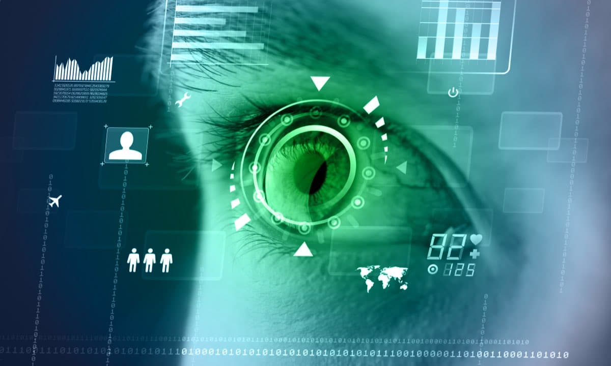 eye of a woman with the cybersecurity target and coding