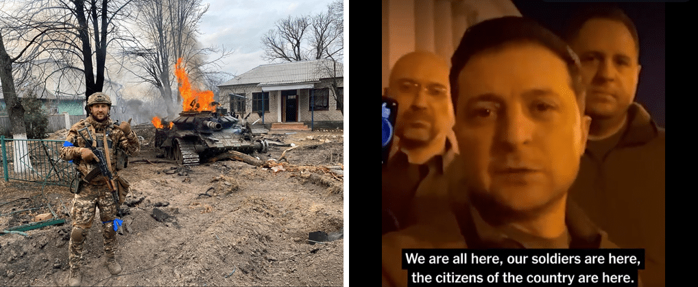 Ukrainian soldier posing beside destroyed tank, President Zelenskyy and two men in Kyiv, Ukraine on February 25th