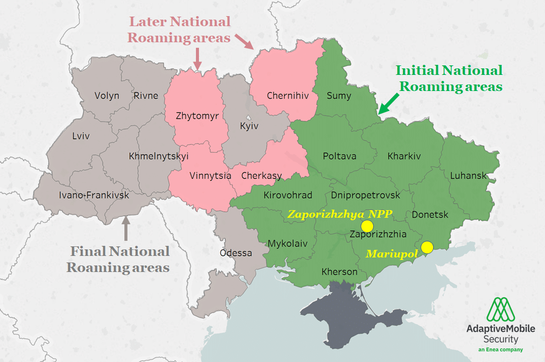 Map of Ukrainian areas (oblasts) where National Roaming was announced to be enabled