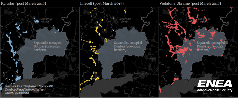 Maps of reported reception in the Donbas of Ukrainian operator cell towers post March 2017 to pre February 2022