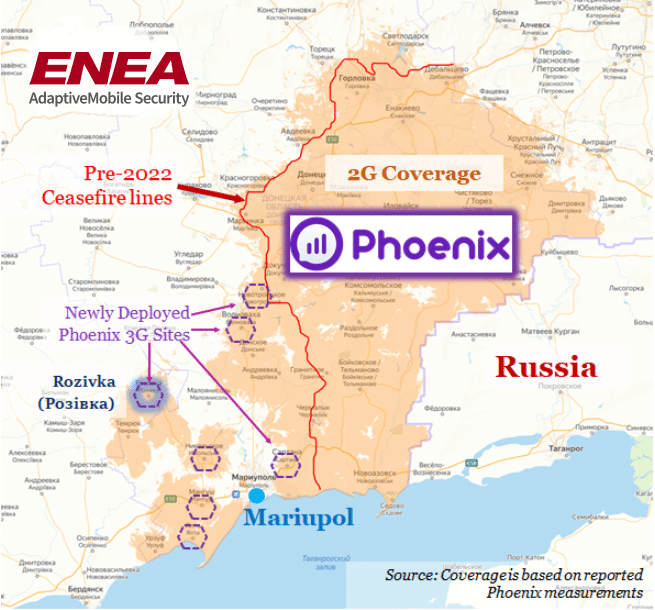 Map of Ukraine showing locations where separatist Phoenix mobile operators are being deployed in Ukraine