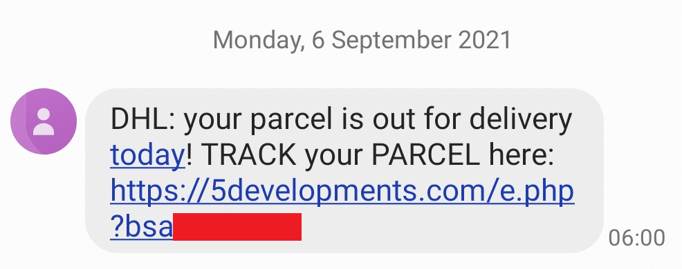 Fake mobile text SMS from DHL with link to a flubot attack