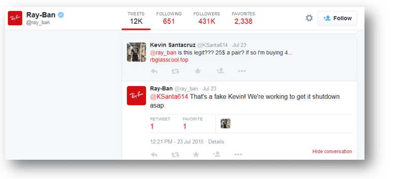 Twitter communication between Ray-Ban and a user regarding a fake Ray-ban account selling sunglasses cheaply