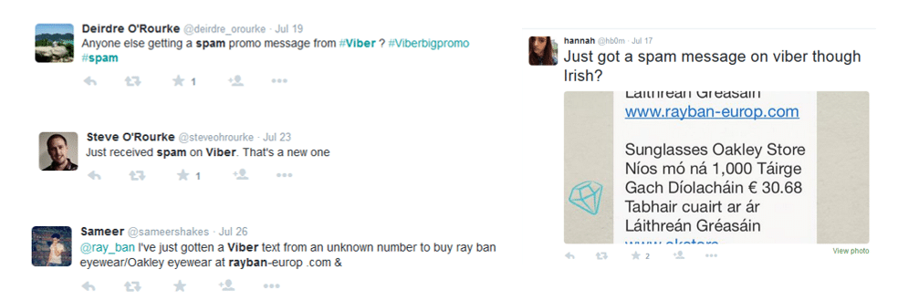 Screenshot of multiple Twitter users complaining about spam messages received on Viber