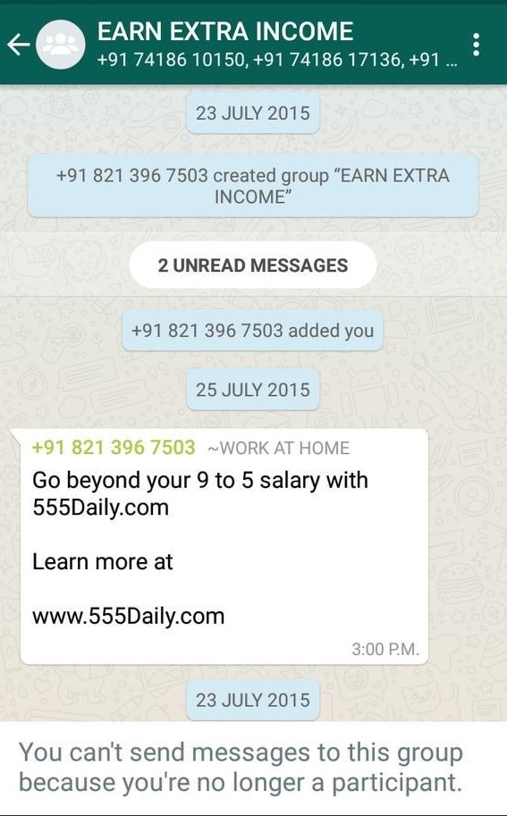 Example of WhatsApp spam message offering the recipient the opportunity to earn more income