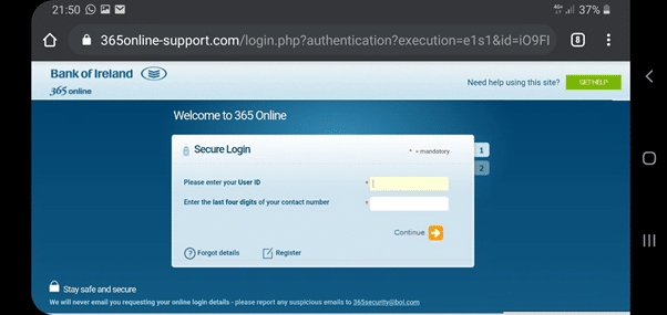 Screenshot of fake Bank of Ireland login page from SMS phishing campaign