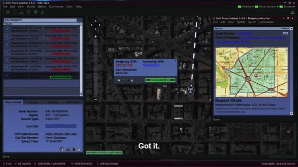 Screenshot from Designated Surviver, featuring a computer screen witha map identifying where a tracked call was made