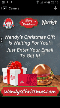 Christmas themed KIK spam featuring Wendy's logo "Wendy's Christmas gift is waiting for you, just enter your e-mail to get it"