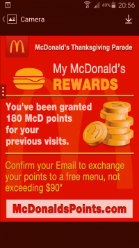 User asked to confirm e-mail McDonalds Thanksgiving KIK spam "you've been granted 180 McD points for your previous visits" user must confirm e-mail