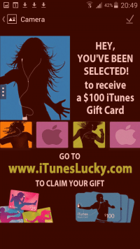 Fake iTunes gift card KIK spam "you've been selected to receive a $100 iTunes gift card"