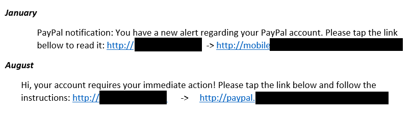 Paypal SMS phishing messages sent in January and August