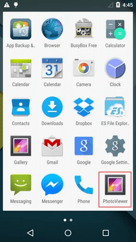 Phone screen displaying various applications including photoviewer malware app
