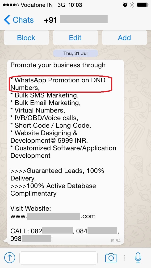 WhatsApp message offering to send WhatsApp spam on behalf of a business as a form of advertising