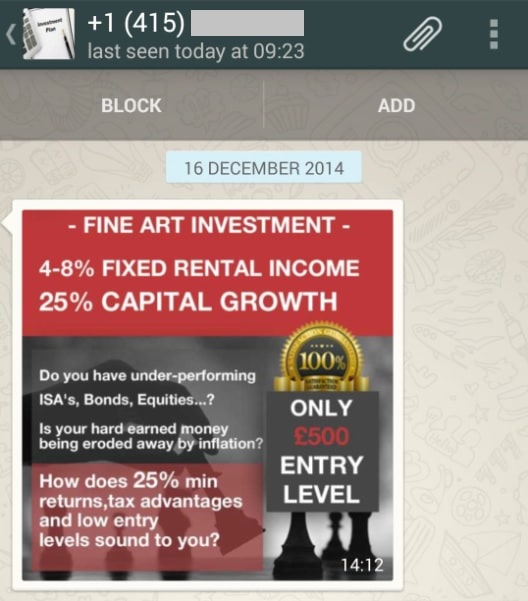 WhatsApp spam message "Fine Art Investment"