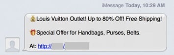 SMS spam message promoting Luis Vuitton Handbag for 80% off