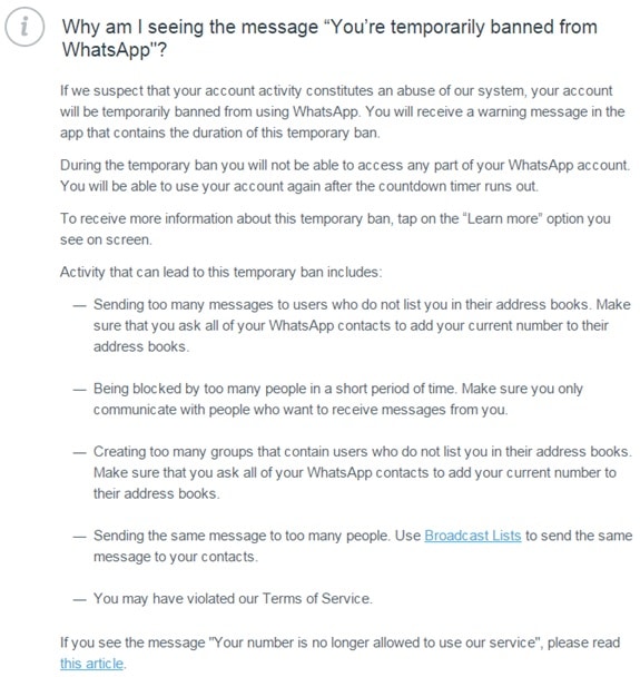 You are temporarily banned from WhatsApp message sent to WhatsApp spammers