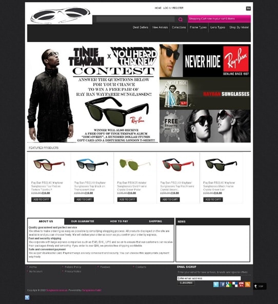 Website page selling fake Ray-Ban sunglasses