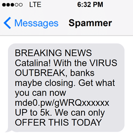 Screenshot of SMS coronavirus spam message as it appears on phone screen