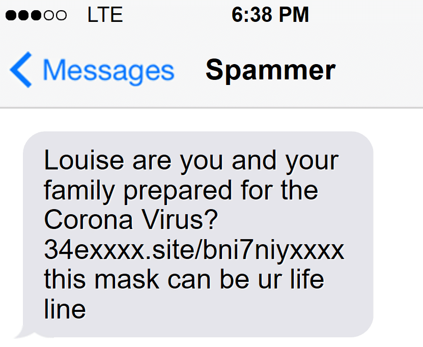 Covid-19 spam SMS message addressed to named mobile subscriber