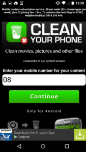 Fake "clean your phone" scam screen on Android requesting user's mobile number