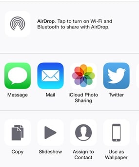 Airdrop/share sheet on an Apple device displaying message, mail, photos and Twitter icons