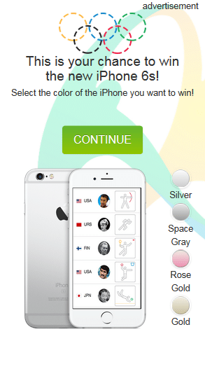 This is your chance to win new iPhone 6s scam advertisement, featuring iPhone 6s and options to choose colour