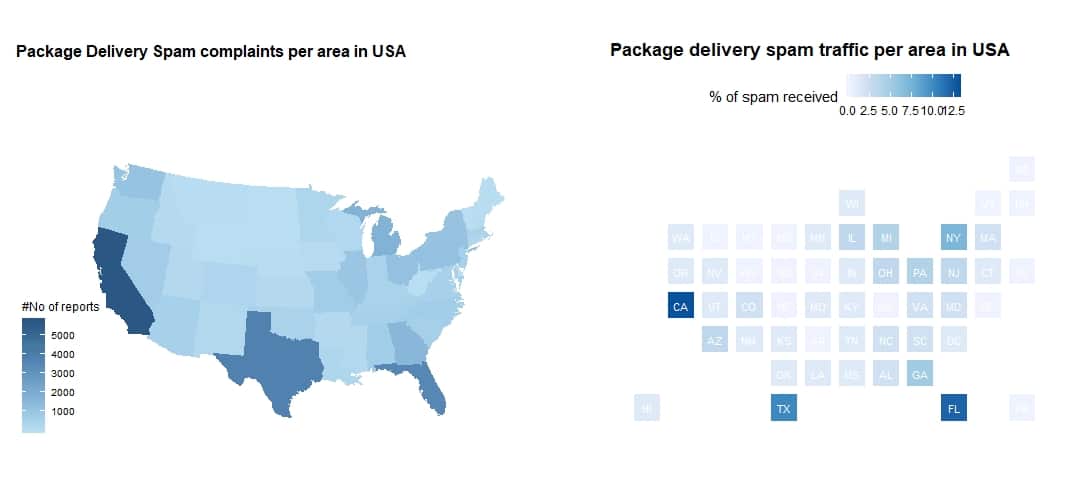 Map of U.S states and chart illustrating the areas trageted with package delivery spam
