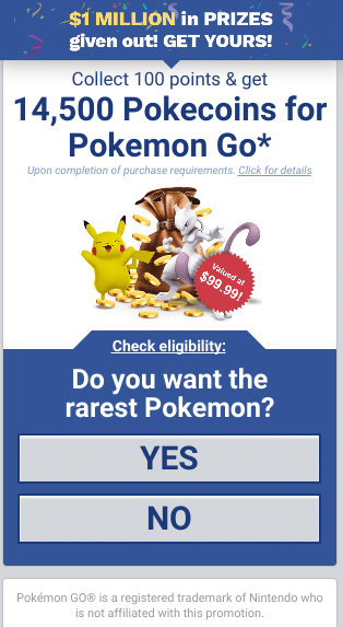 Pokecoins SMS Spam Landing Page