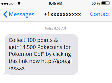 Pokemon Go themed scam SMS message offering Pokecoins if the user clicks the link