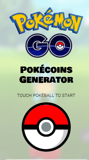 Landing page for Pokécoins generator phishing page featuring a pokéball