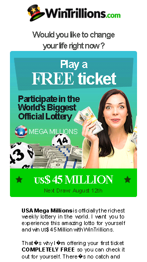Scam phishing page WinTrillions.com featuring woman holding dollar bills and advertising a draw for $45 million dollars
