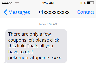 Scam SMS messsage offering coupons for Poképoints