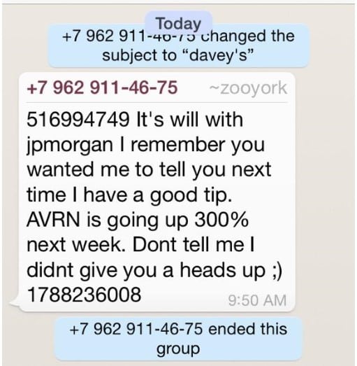 WhatsApp Pump and Dump message promoting the AVRN stock