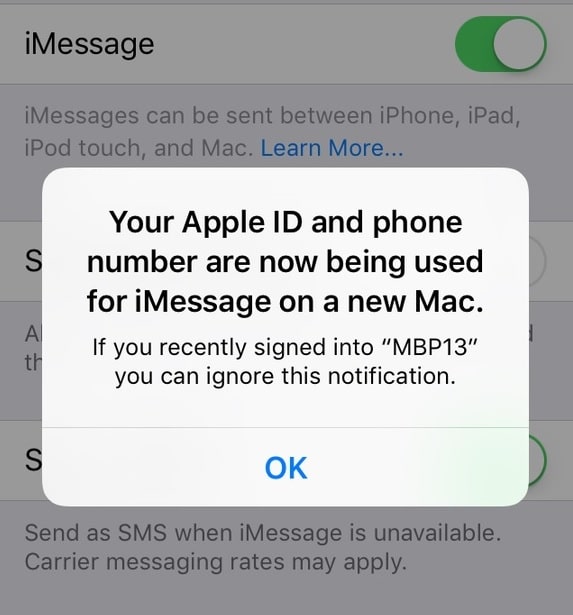 iCloud notification Apple ID and phone number used on new Mac