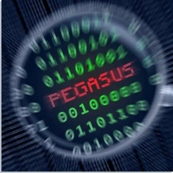 looking though the mirror of a magnifying glass some coding and the word Pegasus