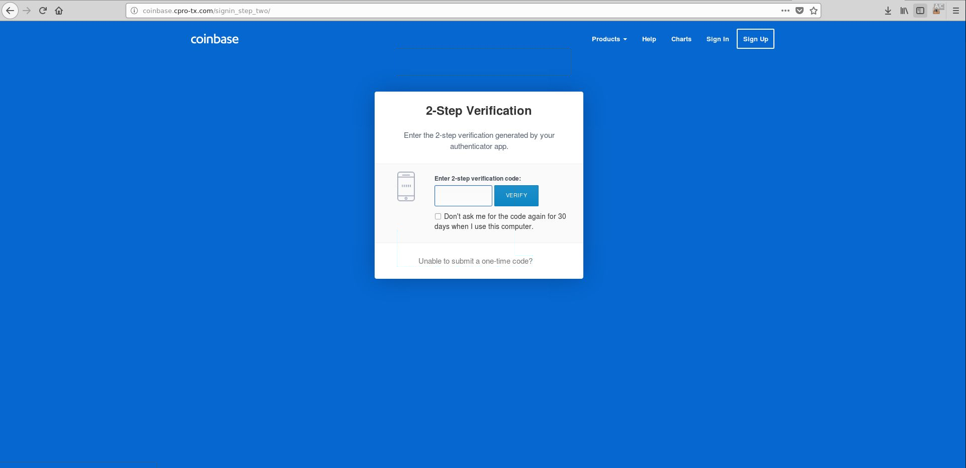 Coinbase 2FA phishing page