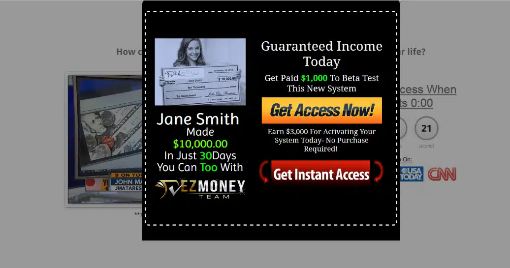 Web page of a SMS spam campaign referencing president elect, woman holding cheque claims big money to be earned