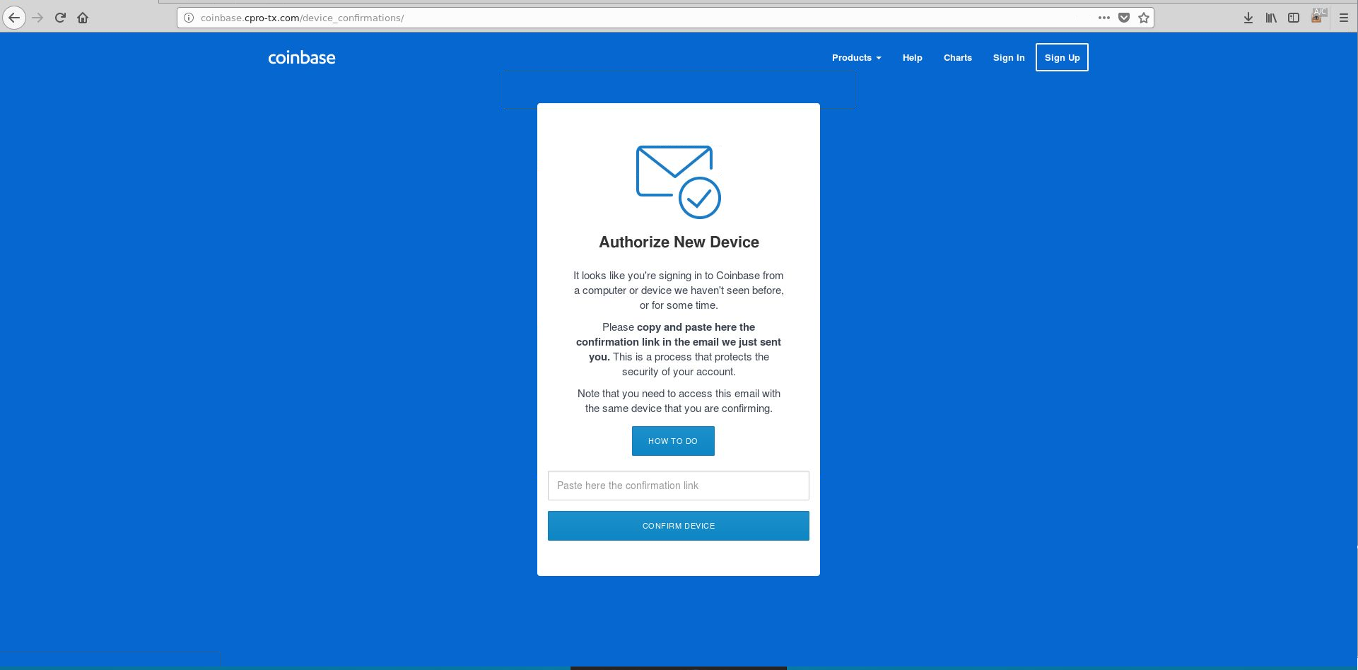 Coinbase scam page requesting user to authorize new device
