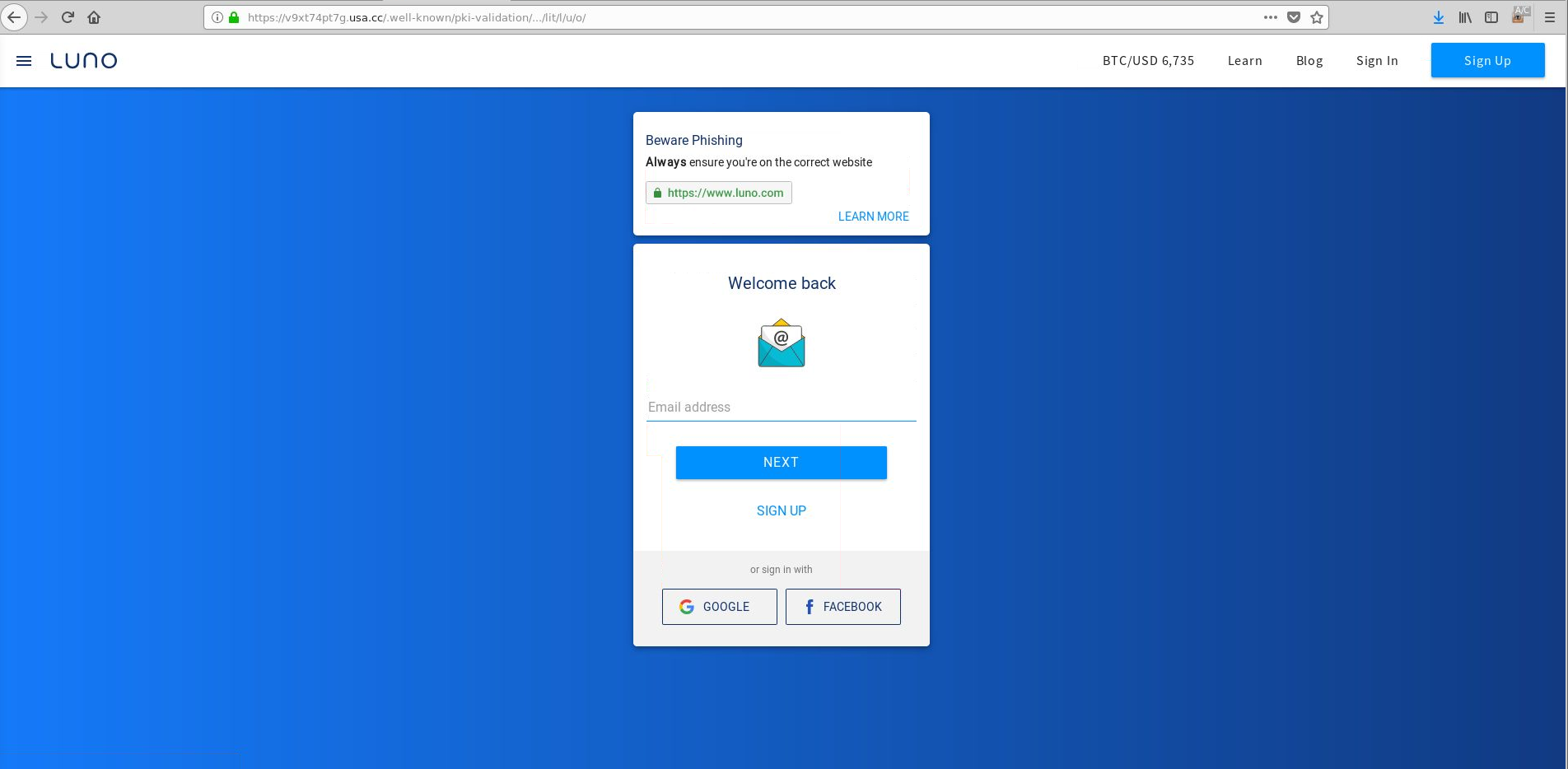 Luno phishing scam landing page