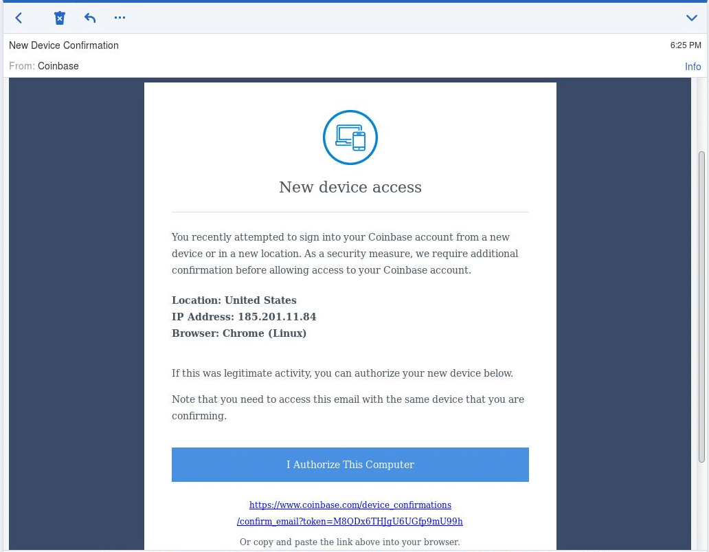 Email confirmation received from Coinbase phishing scam asking the user to authorize their computer