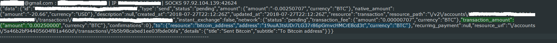 Log of Bitcoin transaction sent to cryptocurrency fraudster's address from a user's account