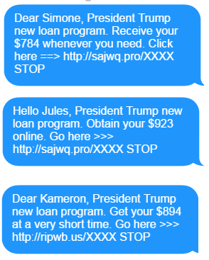 Examples of personalized spam SMS text message using Donald Trump's name to target mobile users
