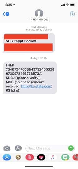 Cryptocurrency Coinbase phishing SMS message on mobile device