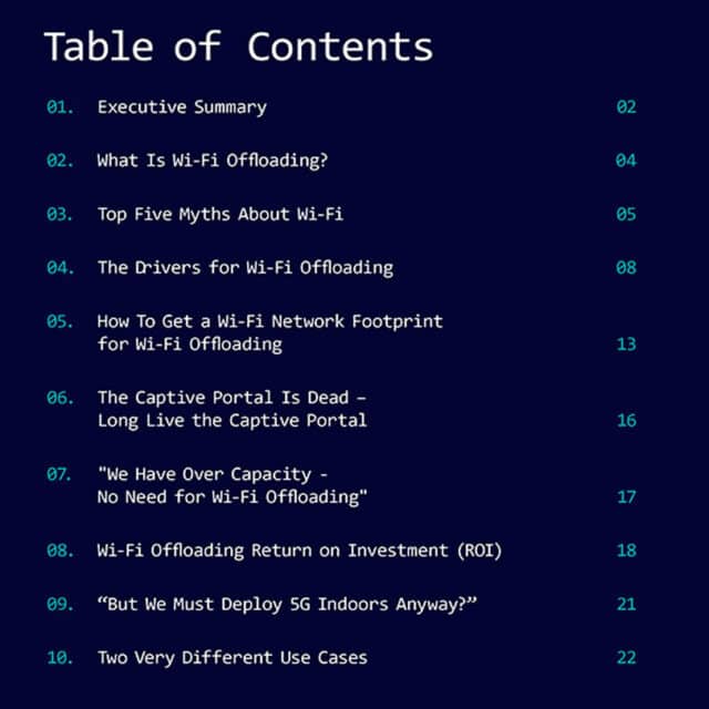 Wi-Fi Offloading - Why? white paper table of contents.