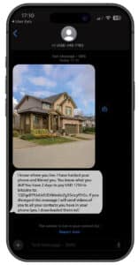 AI messaging threat "I know where you live" mock up message on mobile phone